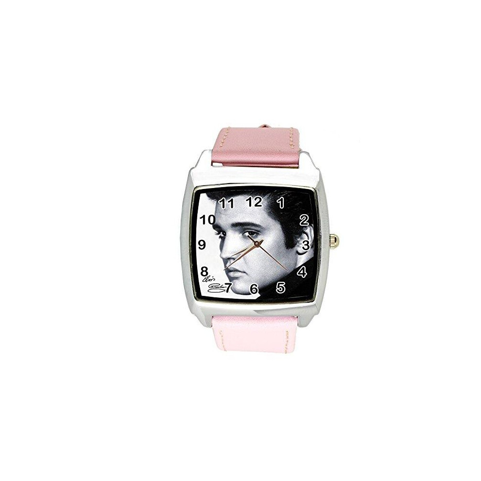 Taport Elvis Presley Music Legend Quartz Square Watch With Real Leather Band E8 Dial Pink