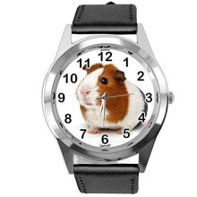 Black Leather Round Watch for Guinea Pig Fans