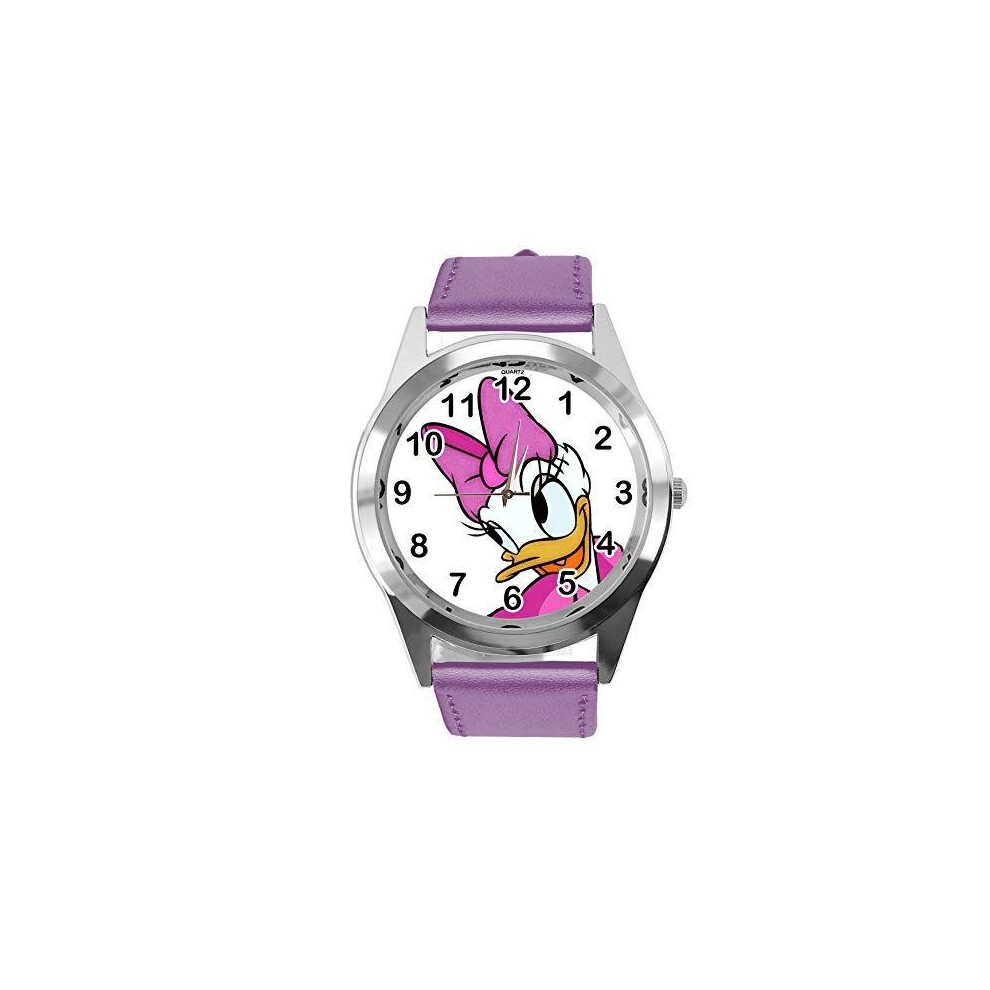 Real Leather Purple Strap Round Watch for Daisy Duck Fans