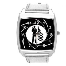 Silver Leather Square Watch for James Bond 007 Fans - Leather Strap, Stainless Steel Case, Quartz Movement, 24cm Band