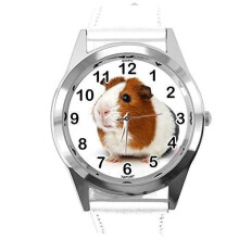 White Leather Round Watch for Guinea Pig Fans
