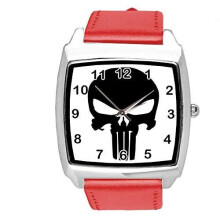 Punisher Quartz Square Watch RED Real Leather Band E1