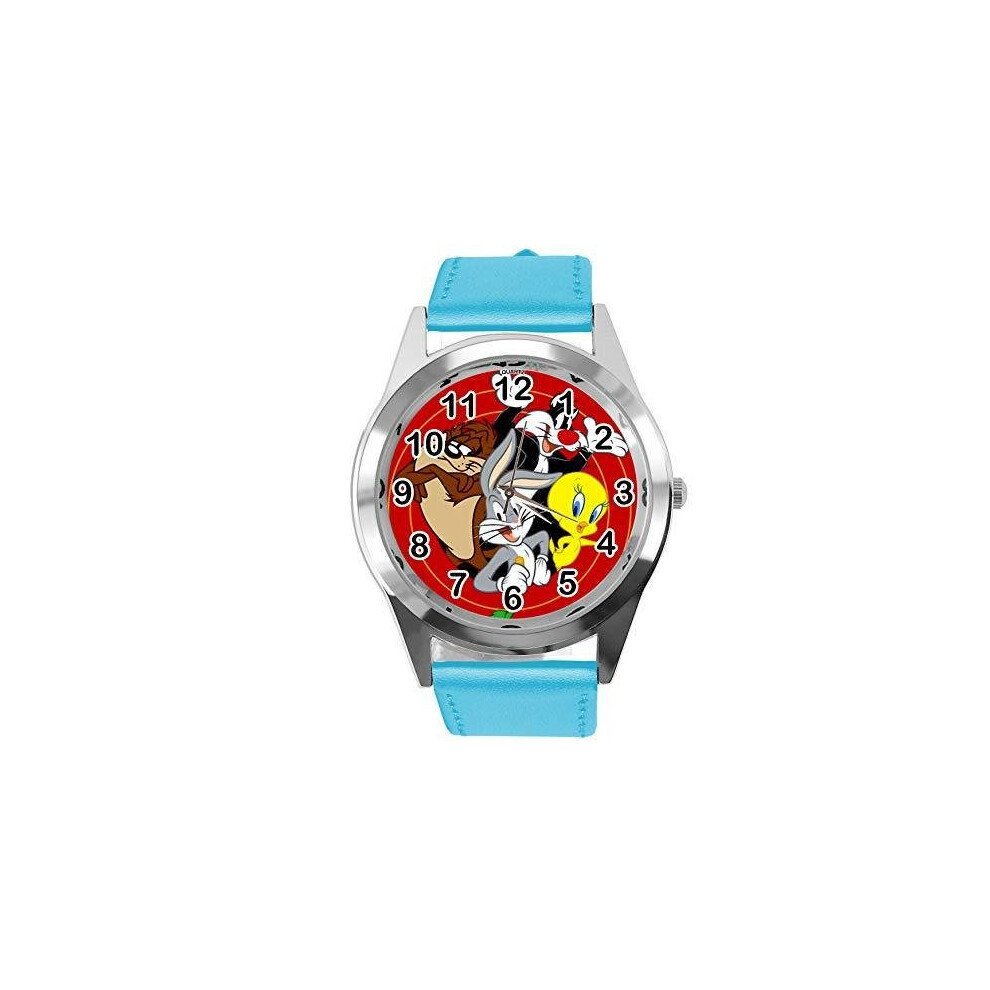 Blue Leather Band Round Quartz Watch for Looney Tunes Fans