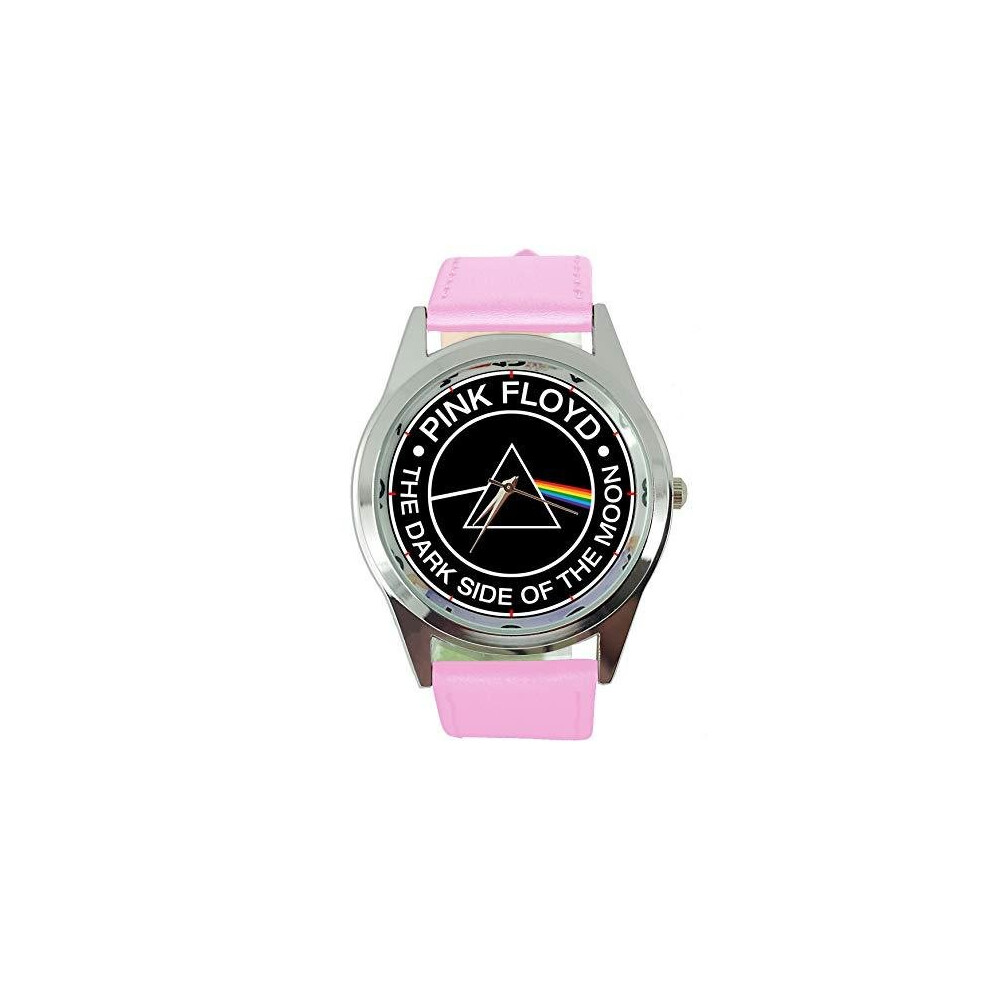 Dark Side of The Moon Quartz Round Watch Pink Real Leather Band