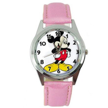Chic Pink Leather Band Quartz Watch for Mickey Mouse Fans | Stainless Steel Case, 24cm Band, Free Gift Bag