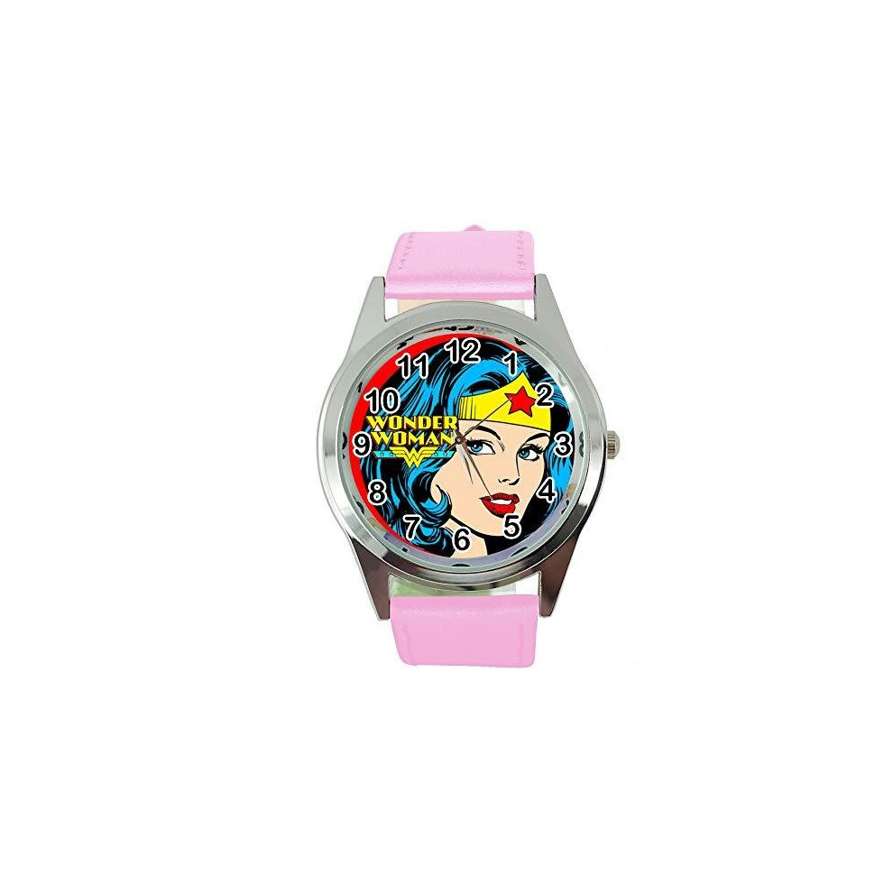 Wonder Woman Quartz Round SCI FI Watch Pink Real Leather Band