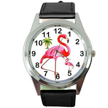 Flamingo Round Quartz Watch Black Leather Band