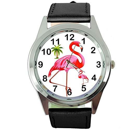 Flamingo Round Quartz Watch Black Leather Band