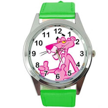 Green Real Leather Quartz Round Watch for The Pink Panther Fans