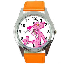 Orange Real Leather Quartz Round Watch for The Pink Panther Fans