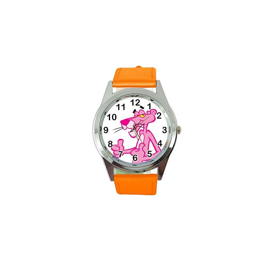 Taport Real Leather Quartz Round Watch For The Pink Panther Fans Orange