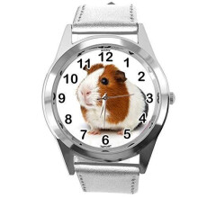 Silver Leather Round Watch for Guinea Pig Fans — Stainless Steel Case, Quartz Movement, 24cm Strap + Free Gift Bag