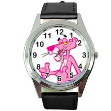 Black Real Leather Quartz Round Watch for The Pink Panther Fans