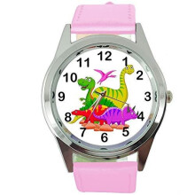 Pink Real Leather Quartz Round Watch for Dinosaurs Fans
