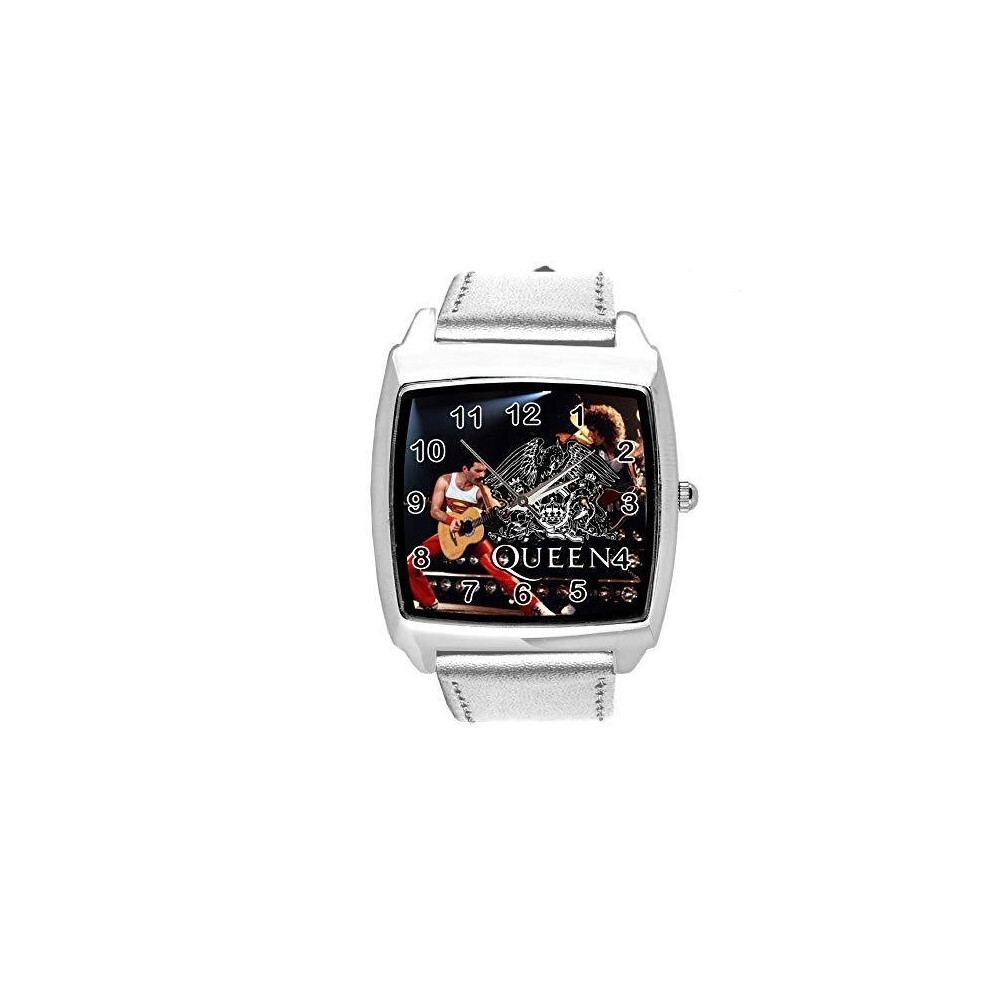 Taport Real Leather Band Quartz Square Watch For Queen Band Fans Silver