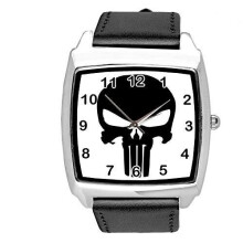 Punisher Quartz Square Watch Black Real Leather Band E1