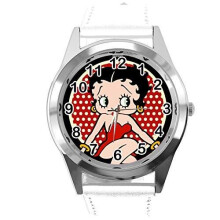 White Real Leather Band Watch for Betty Boop Fans - Quartz, Stainless Steel Case, 24cm Band