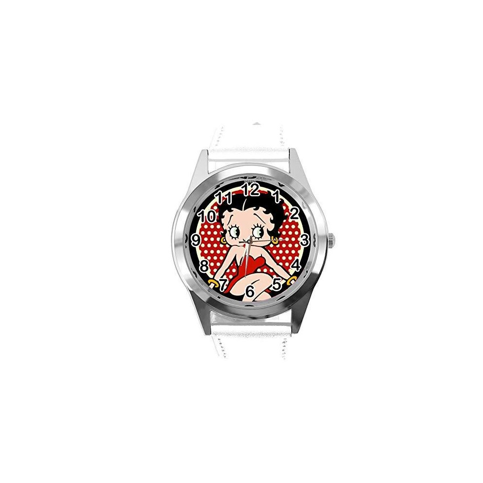 Taport Real Leather Band Watch For Betty Boop Fans - Quartz, Stainless Steel Case, 24Cm Band White