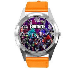 Orange Leather Watch for Fortnite Fans - Stainless Steel Case, Quartz Movement, 24cm Band