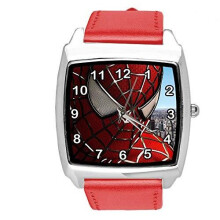 Quartz Watch RED Leather Band Round for Spiderman Fans E1
