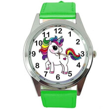 Womens Watch Analogue Quartz with Real Leather Band Green Round Unicorn E2