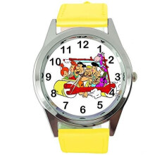 Yellow Real Leather Quartz Round Watch for The Flinstones Fans