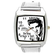 Watch Analogue Quartz with Real Leather Band Silver Square for Fan of Elvis Presley