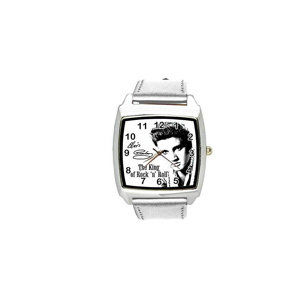 Taport Watch Analogue Quartz With Real Leather Band Square For Fan Of Elvis Presley Silver