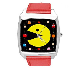 Watch Analogue Quartz with Real Leather Band RED Square for Pacman Fans