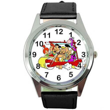 Black Real Leather Quartz Round Watch for The Flinstones Fans
