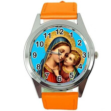 Saint Mary Quartz Round Watch Orange Leather Band