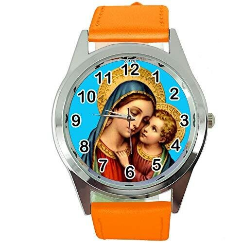 Saint Mary Quartz Round Watch Orange Leather Band