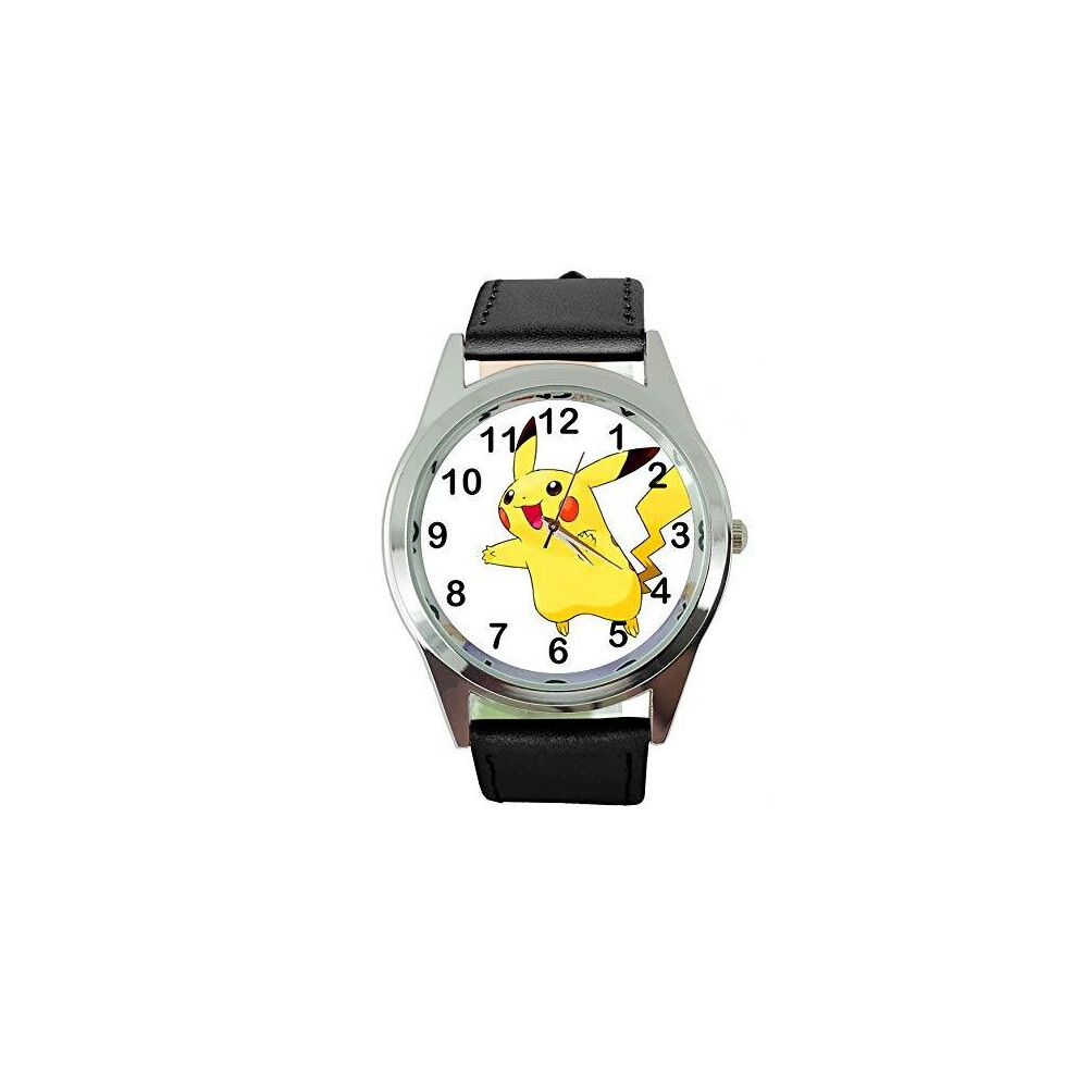 Pikachu Pokemon Round Quartz Watch Black Leather Band