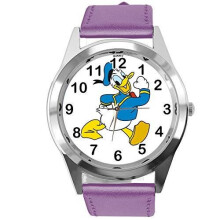 Watch Analogue Quartz with Real Leather Band Violet Round for Fan of Donald Duck