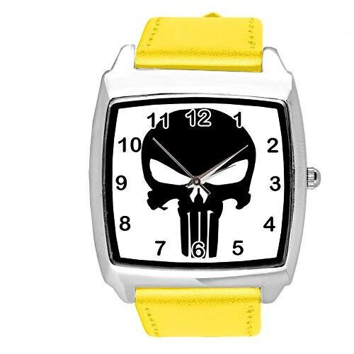 Punisher Quartz Square Watch Yellow Real Leather Band E1