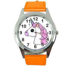 Womens Watch Analogue Quartz with Real Leather Band Orange Round Unicorn E3
