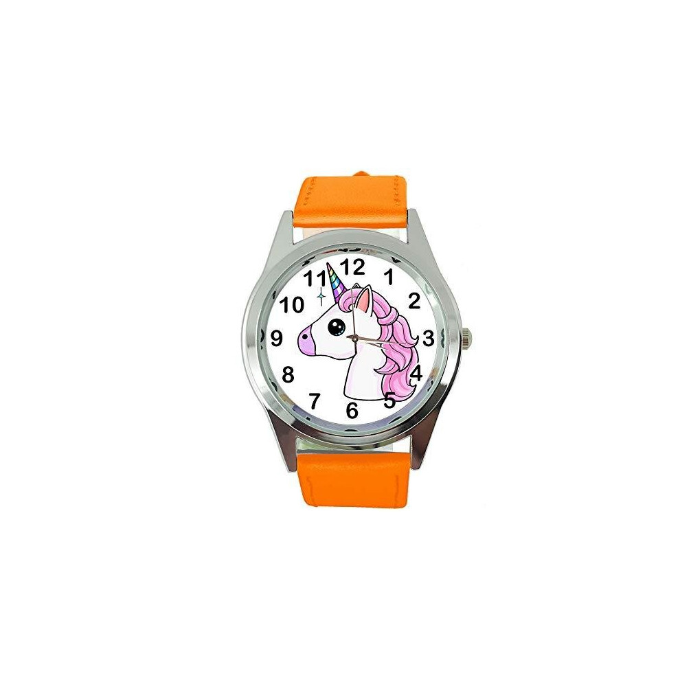 Photos - Wrist Watch Womens Watch Analogue Quartz with Real Leather Band Orange Round Unicorn E3