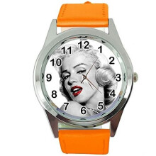 Womens Watch Analogue Quartz with Real Leather Band Orange Round Marilyn Monroe