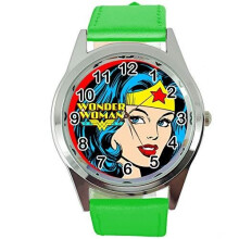 Wonder Woman Quartz Round SCI FI Watch Green Real Leather Band