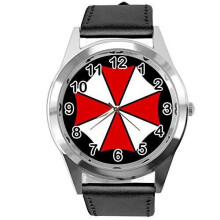 Resident Evil Umbrella Corporation Logo Quartz Watch with Analogue Display and Real Leather Strap Black