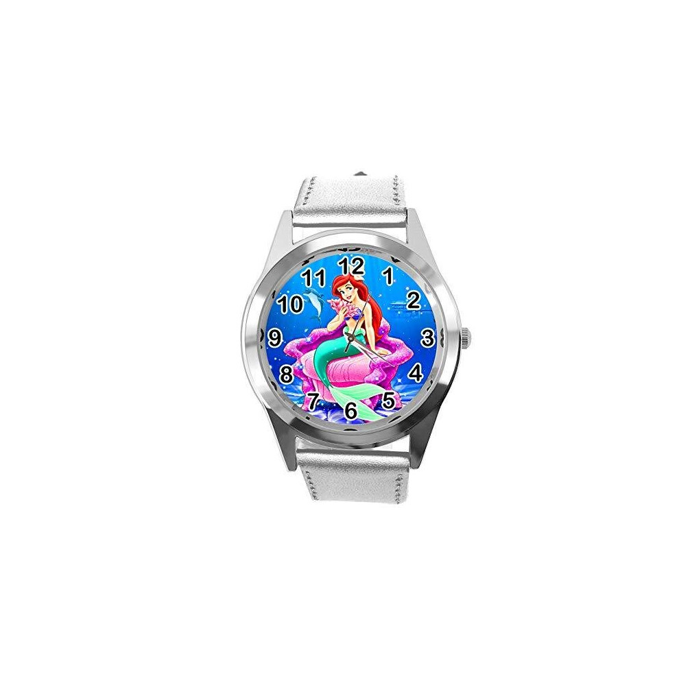Photos - Wrist Watch Watch Analogue Quartz with Real Leather Band Silver Round for Fan of The Little Mermaid