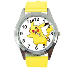 Pikachu Pokemon Round Quartz Watch Yellow Leather Band