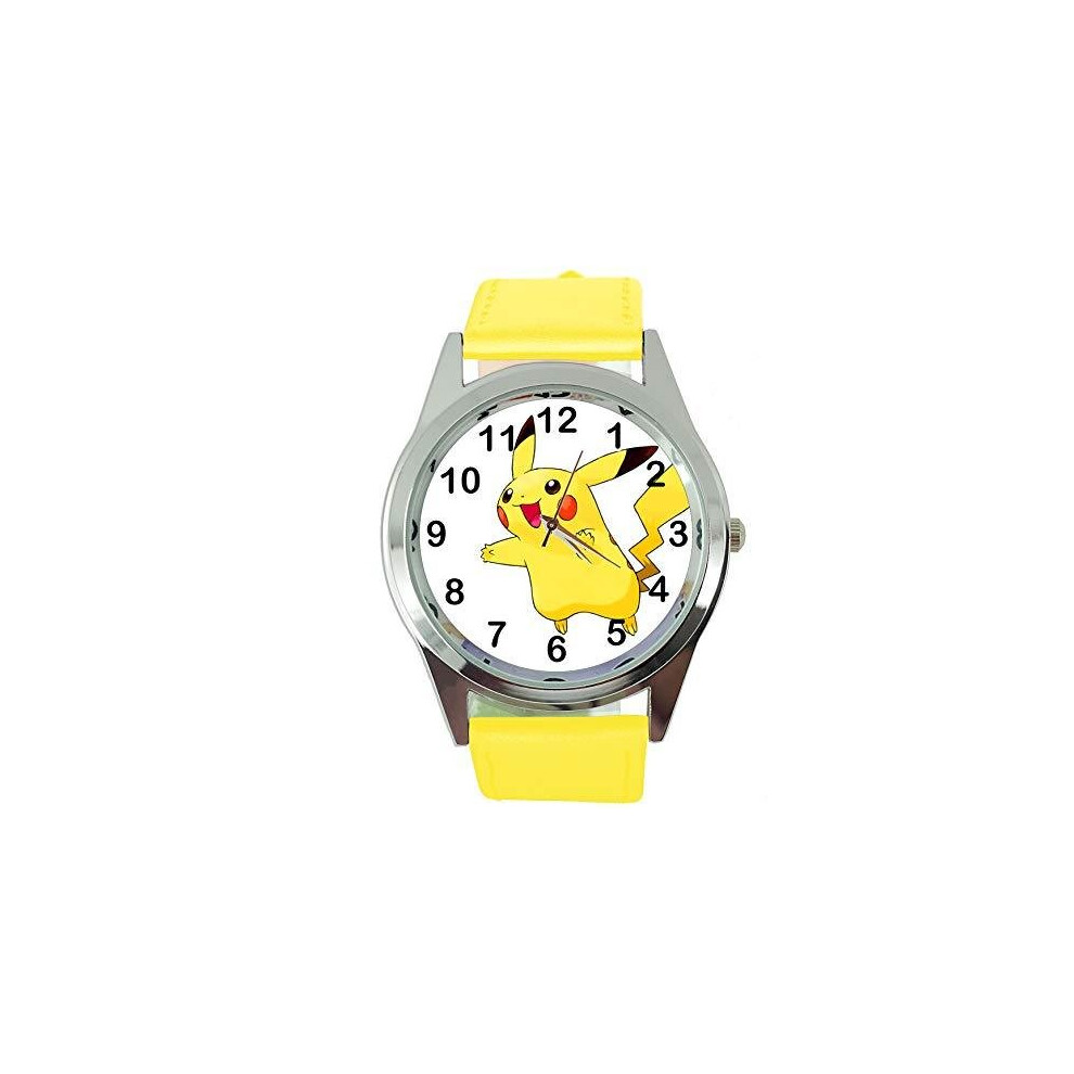 Taport Pikachu Pokemon Round Quartz Watch Leather Band Yellow