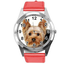 Watch Analogue Quartz with Real Leather Band RED Round for York Terrier Fans