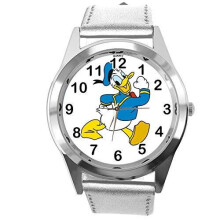 Donald Duck Fan Watch - Analogue Quartz, Real Leather Band, Silver Round Case