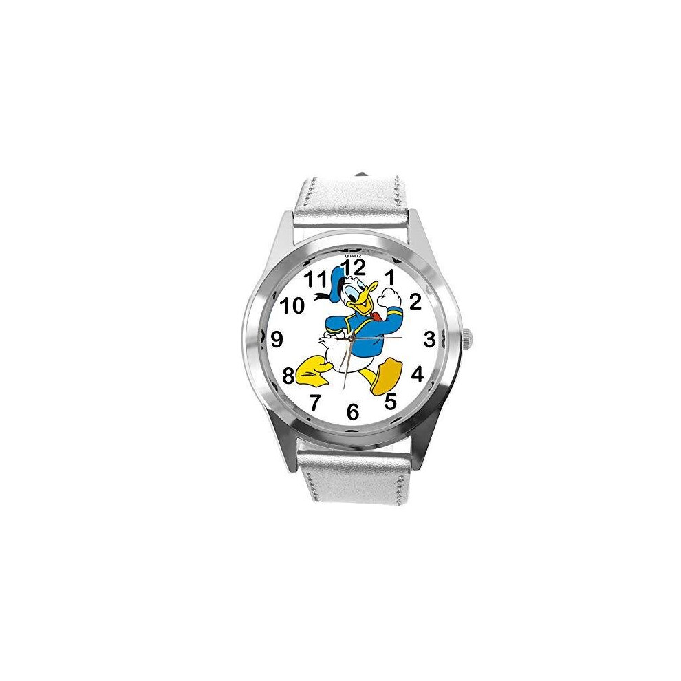 Taport Donald Duck Fan Watch - Analogue Quartz, Real Leather Band, Round Case Silver