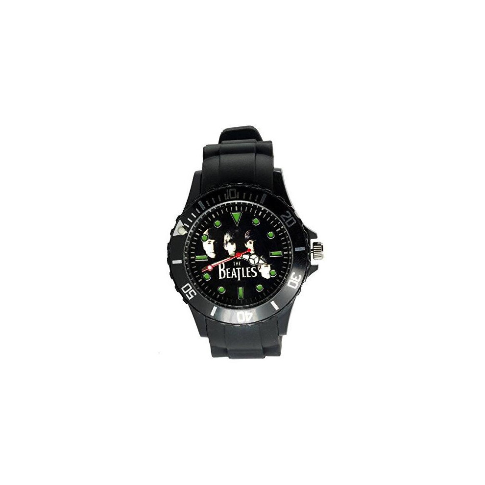 Taport The Beatles Quartz Round Silicone Band Bw Dial Black