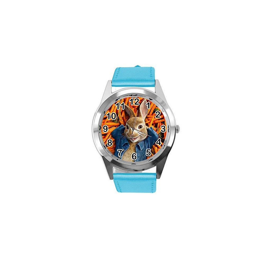 Quartz Blue Leather Band Round Watch for Peter Rabbit Fans