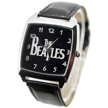 The Beatles Quartz Square Watch Real Leather Band Bw Text Dial Black