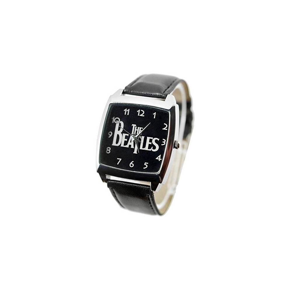 Taport The Beatles Quartz Square Watch Real Leather Band Bw Text Dial Black